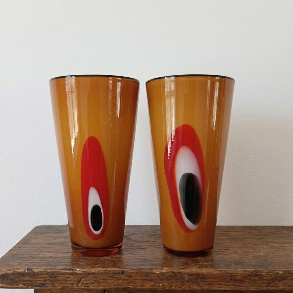 PAIR Margie's Garden Hand Blown Glass Vases Westlake CA Orange Eye Artisan 11.5"